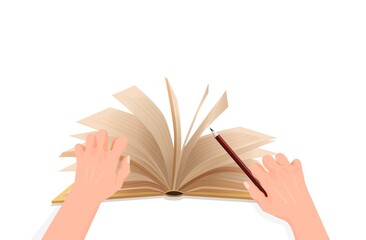 Poster - Hands with pencil leaf through notebook. Book personal notes with turning pages and brown pencil for notes writing interesting facts and vector biography.
