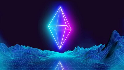Wall Mural - synthwave wireframe landscape 80s retro futuristic sci-fi. neon rhombus waving animation. seamless l