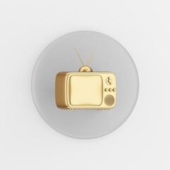 Poster - Golden vintage TV icon. 3d rendering round gray key button, interface ui ux element.