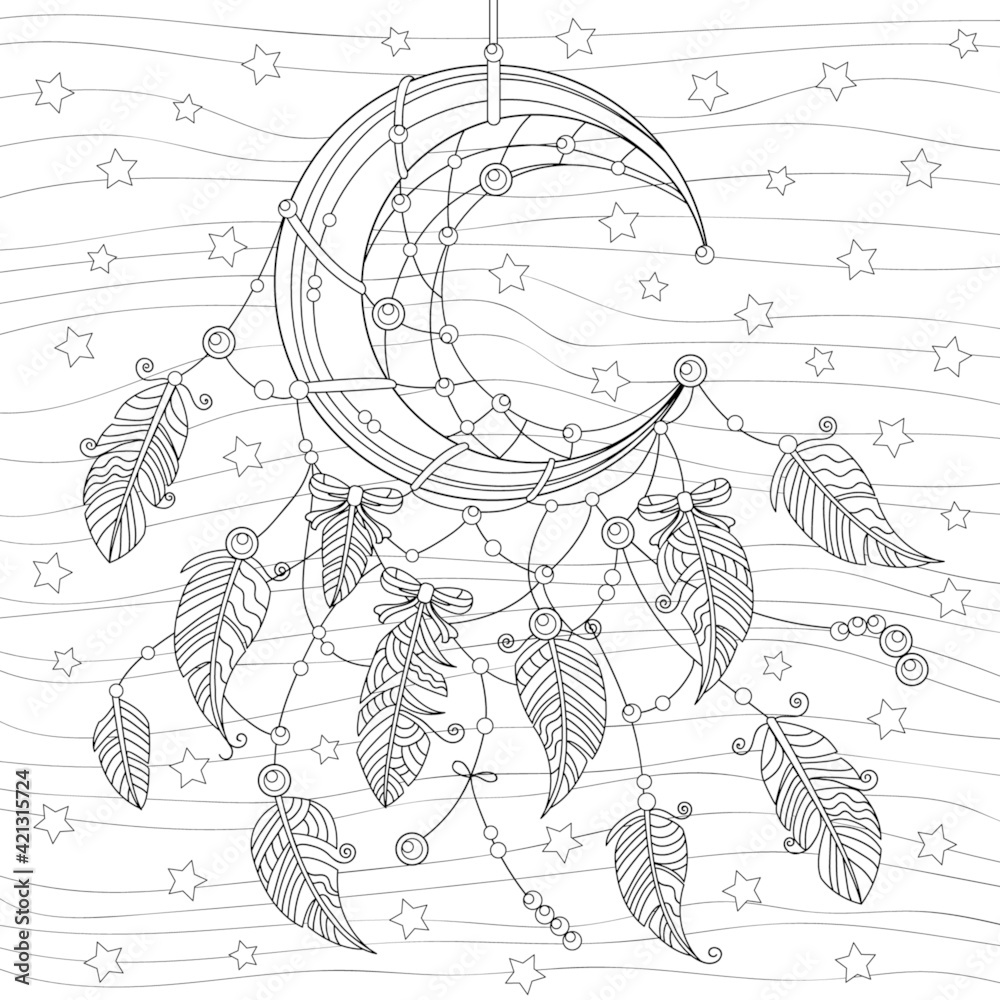 Dreamcatcher moon with feathers on stars sky. Boho catcher with jewelry,  zentangle elements and doodles. Coloring book page for adult for meditation  and anti stress. Vector hand drawing. Stock Vector | Adobe, image size:1000x1000
