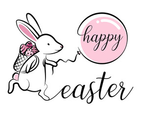 Wall Mural - happy easter bunny with easter eggs vector illustration hand drawn