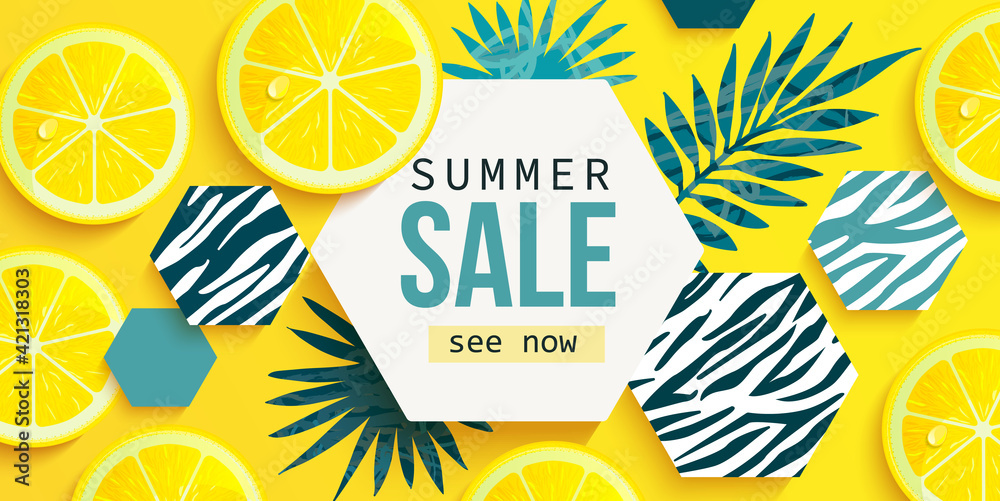 Summer sale horizontal banner with fresh lemon, tropical leaves and hexagons with animal zebra print. Bright tasty poster, flyer with invitation for shopping. Template offer of discounts deals.Vector - obrazy, fototapety, plakaty 