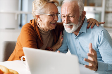 Wall Mural - Happy mature couple using laptop at home