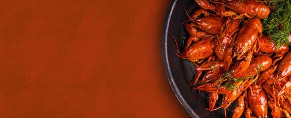 A pile of tasty boiled crawfish. Boiled red crayfish or crawfish with  herbs. Crayfish party, restaurant, cafe, pub menu.