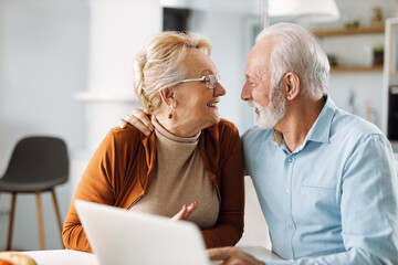 Wall Mural - Happy mature couple talking to each other while using computer