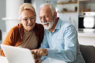 happy mature couple using laptop at home