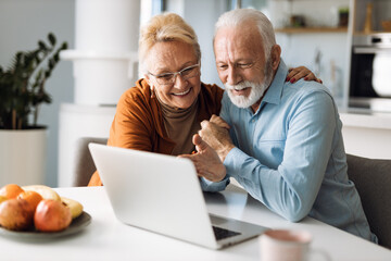 Wall Mural - Embraced mature couple surfing the Internet on laptop at home