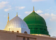 The famous green and silver domes of the Prophet's Mosque. The mosque was founded by Prophet Muhammad. Masjid an-Nabawi.