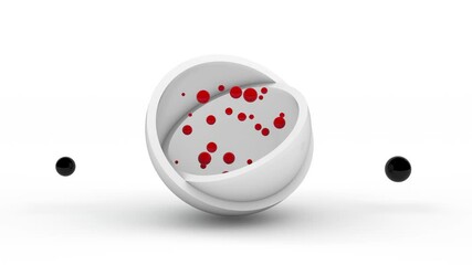 Poster - Abstract 3d animation of a surreal hemisphere in which red liquid drops merge, black drops fly nearby. Color contrast, balance, background loop animation.