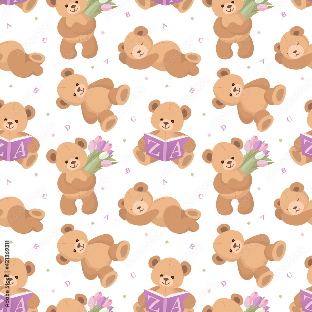 Cute Teddy Bear seamless pattern. Toy Bear in different poses. Kids ...