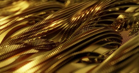 Poster - Futuristic technology science, corporate and industrial abstract motion background with golden reflective metal and sparkles. VJ 4K loop.