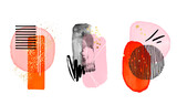 Fototapeta Boho - Set contrast abstract shapes, red splash gold. pink watercolor concept. Vivid poster, creative invite. Vector decorative greeting template,  invitation design background