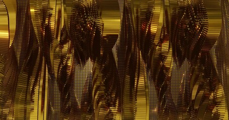 Poster - Wave of golden geometric metallic shapes abstract motion background. Flow particles landscape. Gold  Seamless 4K looping. corporate and technology concept.