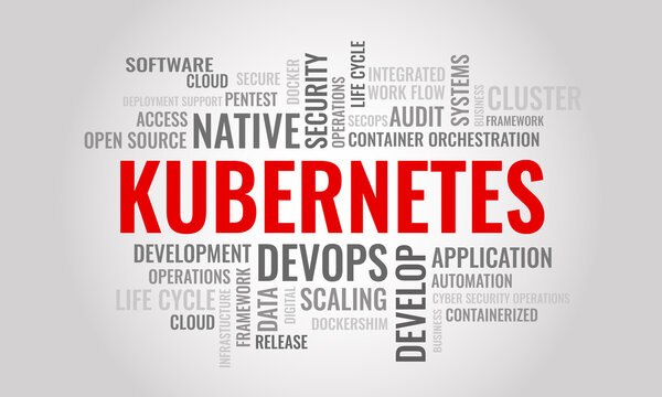 kubernetes word cloud. cybersecurity open-source container-orchestration system concept. vector illu