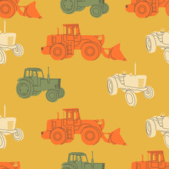 Vector seamless pattern of agricultural tractor or harvester. Simple, flat, retro style. Typical equipment for agro-industrial complexes. For agricultural business.