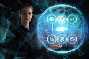 Business, technology, internet and network concept. Young businessman thinks over the steps for successful growth: CRM