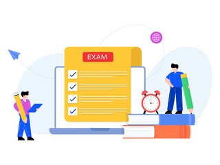 Sticker - 
Online exam in flat illustration vector 

