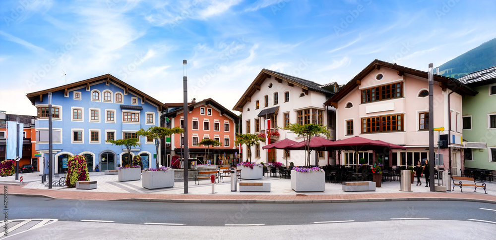 Cityscape of Mittersill with Town hall, Austria, Europe - obrazy, fototapety, plakaty 