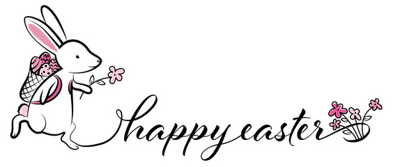 Wall Mural - easter bunny with easter eggs and spring flowers card calligraphy typography vector illustration