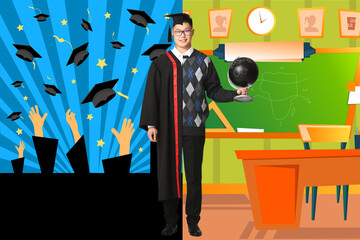 Sticker - Comparison portrait of young Asian man in bachelor robe and uniform of teacher