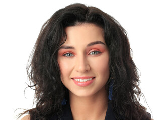 Portrait of young woman with beautiful curly hair on white background, closeup