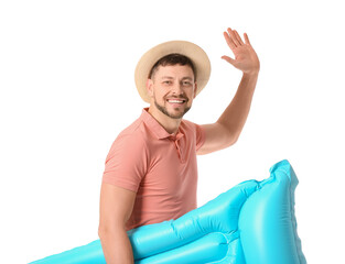 Poster - Handsome man with inflatable mattress on white background