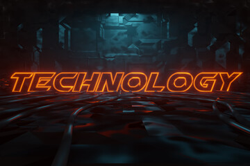 Wall Mural - 3d rendering of cyberpunk word technology illuminated in orange in metal background. artificially il