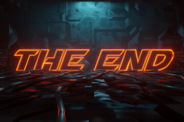 Wall Mural - 3d rendering of cyberpunk word phrase the end illuminated in orange in metal background. artificiall