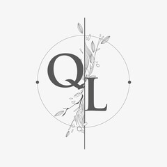 Letter QL Initial Logo with Hand Draw Floral, Initial Wedding Font Logo with Circle and Flowers.