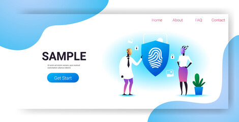 Poster - two robots holding shield with fingerprint guard privacy data protection security artificial intelligence technology concept horizontal full length copy space