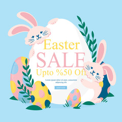 Easter sales 2021. Square banner for social media posts. Sweet vector illustration with Easter Eggs and blue background. Cartoon style design. Tasty colorful template for e-commerce.