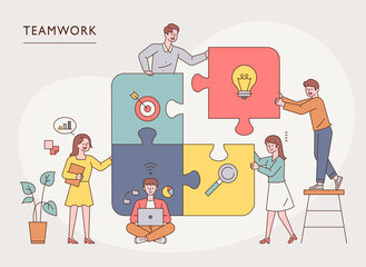 Team members are putting together a big puzzle. flat design style minimal vector illustration.