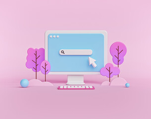 Poster - Search bar on computer monitor isolated on pastel pink background. minimal web search concept. 3d rendering