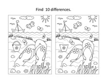Find 10 Differences Visual Puzzle And Coloring Page. Summer Vacation Scene With Flip-flops, Yacht, Toy Bucket At The Beach.
