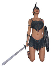 3d illustration of a woman in a roman centurion armor in a fighting pose 