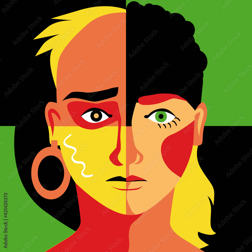 Modern colorful illustration of a human face divided into quarters representing different racial and gender group as a metaphor for diversity, EPS 8 vector illustration - obrazy, fototapety, plakaty 