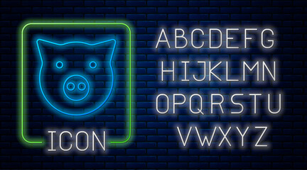 Poster - Glowing neon Pig icon isolated on brick wall background. Animal symbol. Neon light alphabet. Vector