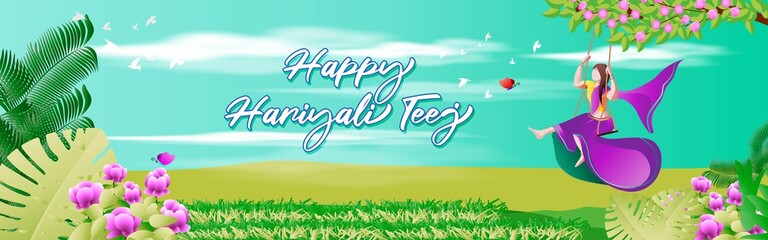 Wall Mural - vector illustration of Indian festival hariyali teej, written Hindi text means green teej . married woman enjoy the festival with swing in monsoon on beautiful landscape backdrop.