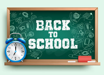 Poster - Back to school vector banner template. Back to school text in chalkboard background with education supplies drawing elements for educational activity design. Vector illustration
