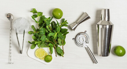 Wall Mural - Ingredients and bar utensils for making mojito cocktail with ice cubes, fresh mint and lime on white wooden background.