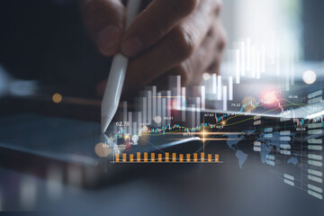 Business man using digital tablet and financial graph, market report on virtual screen. Business analysis, internet trading and technology concept