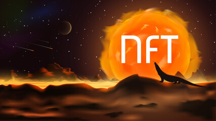 Wall Mural - word nft non fungible token on fantastic space landscape in the style of realism. paintings are sold