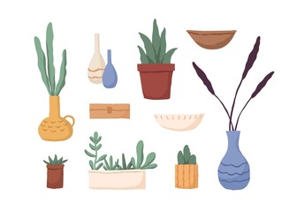 Wall Mural - Set of different houseplants in pots, vases, boxes and flowerpots. Modern interior plants, succulents, cacti and empty storage bowls isolated on white background. Colored flat vector illustration