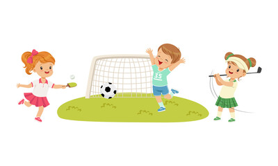 Wall Mural - Pretty Little Boy and Girl Playing Sport Game Vector Set