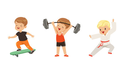 Sticker - Pretty Little Boy Doing Sport Activity and Playing Sport Game Vector Set