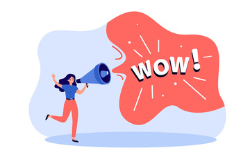 Wall Mural - woman shouting wow message into loudspeaker. person with megaphone attracting attention flat vector 