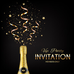 Wall Mural - Vip party invitation with glitter champagne bottle and gold ribbons.