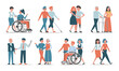 © Derariad - Set of disabled people with friends and family vector isolated. Idea of help and support. Happy characters spend time together. People with disability communicate othe people.