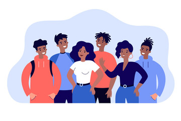 Wall Mural - African American men and women people community. Happy black people crowd standing together and posing flat vector illustration. BLM concept for banner, website design or landing web page