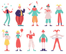 Clowns Characters. Circus Funny Clowns With Red Nose And Circus Costume Juggling And Do Tricks Vector Illustration Set. Funny Circus Clowns